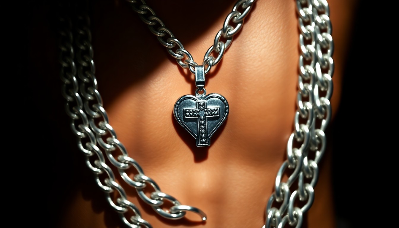 An extreme close-up photograph of a gleaming silver body chain with the Chrome Hearts cross logo, shot in dramatic high-contrast studio lighting to create a luxurious, high-fashion aesthetic.