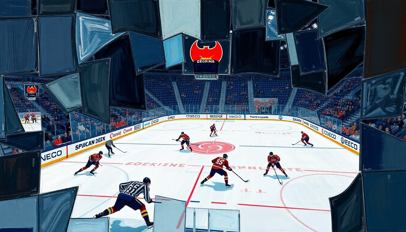 A cubist, geometric painting depicting the intensity and movement of a hockey game between two teams, with the players and action fragmented into overlapping planes of color and shape.