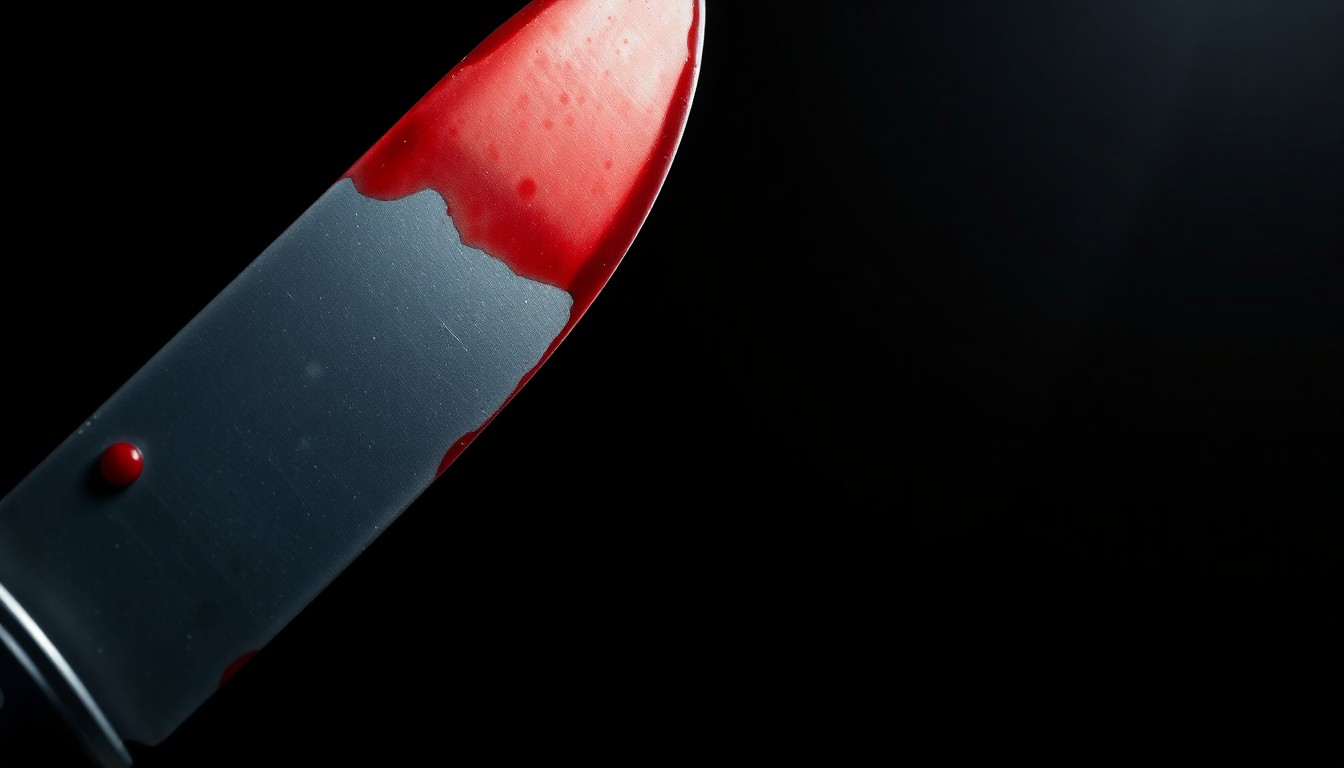 An extreme close-up of a bloodied knife blade, reflecting the harsh, sudden nature of the stabbing incident and the ongoing investigation.
