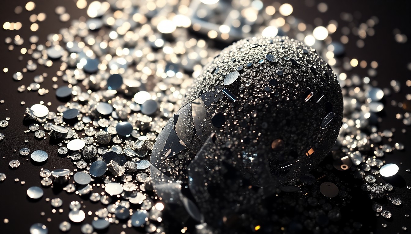 An extreme close-up photograph of shimmering sequins and shattered glass, creating a high-contrast, abstract composition that evokes the larger-than-life energy of professional wrestling.