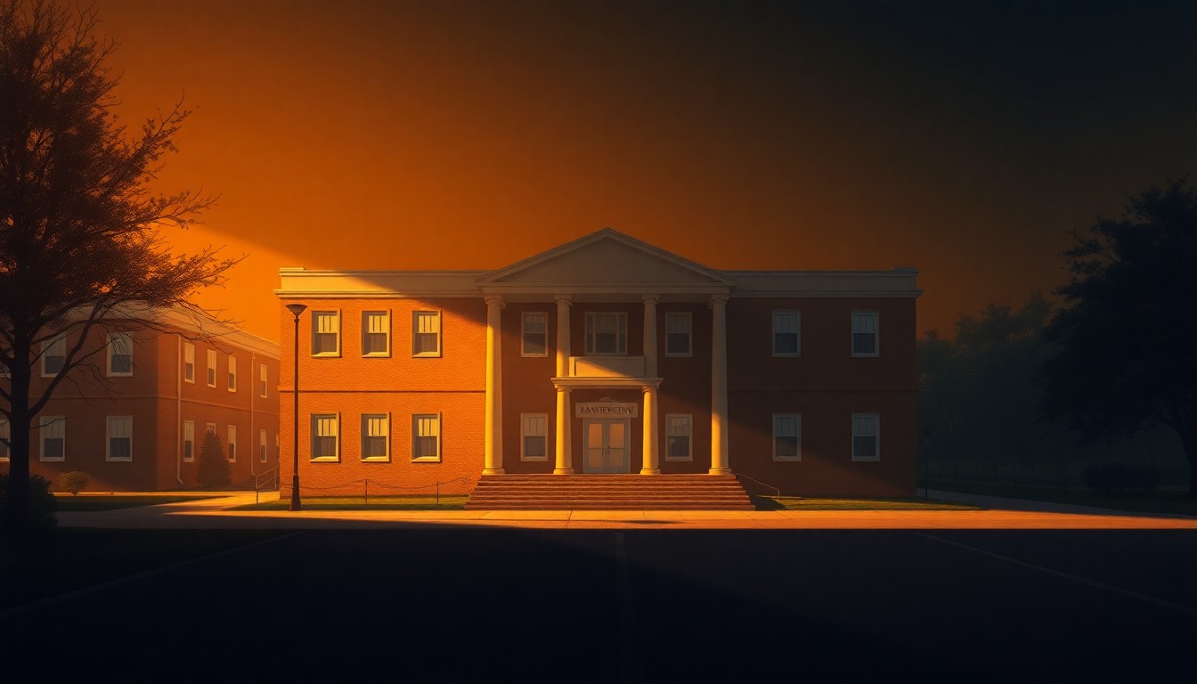 A serene, cinematic painting of a university administration building, its facade and windows casting long shadows across the scene, conveying a sense of quiet contemplation over the leadership changes unfolding within.