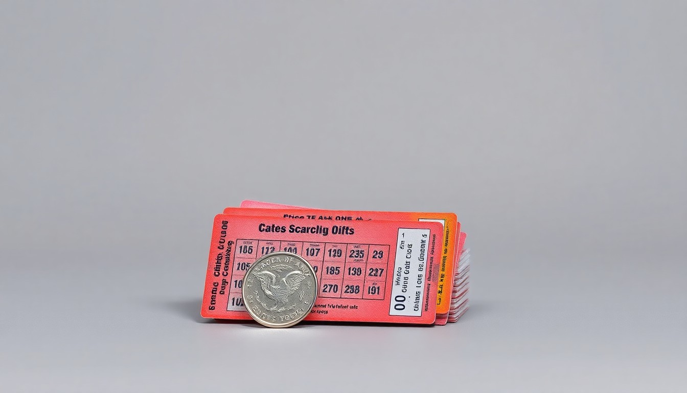 A photorealistic studio still life featuring a stack of colorful lottery scratch-off tickets and a shiny silver coin, symbolizing the financial opportunity and thrill of potential winnings from the state's lottery games.