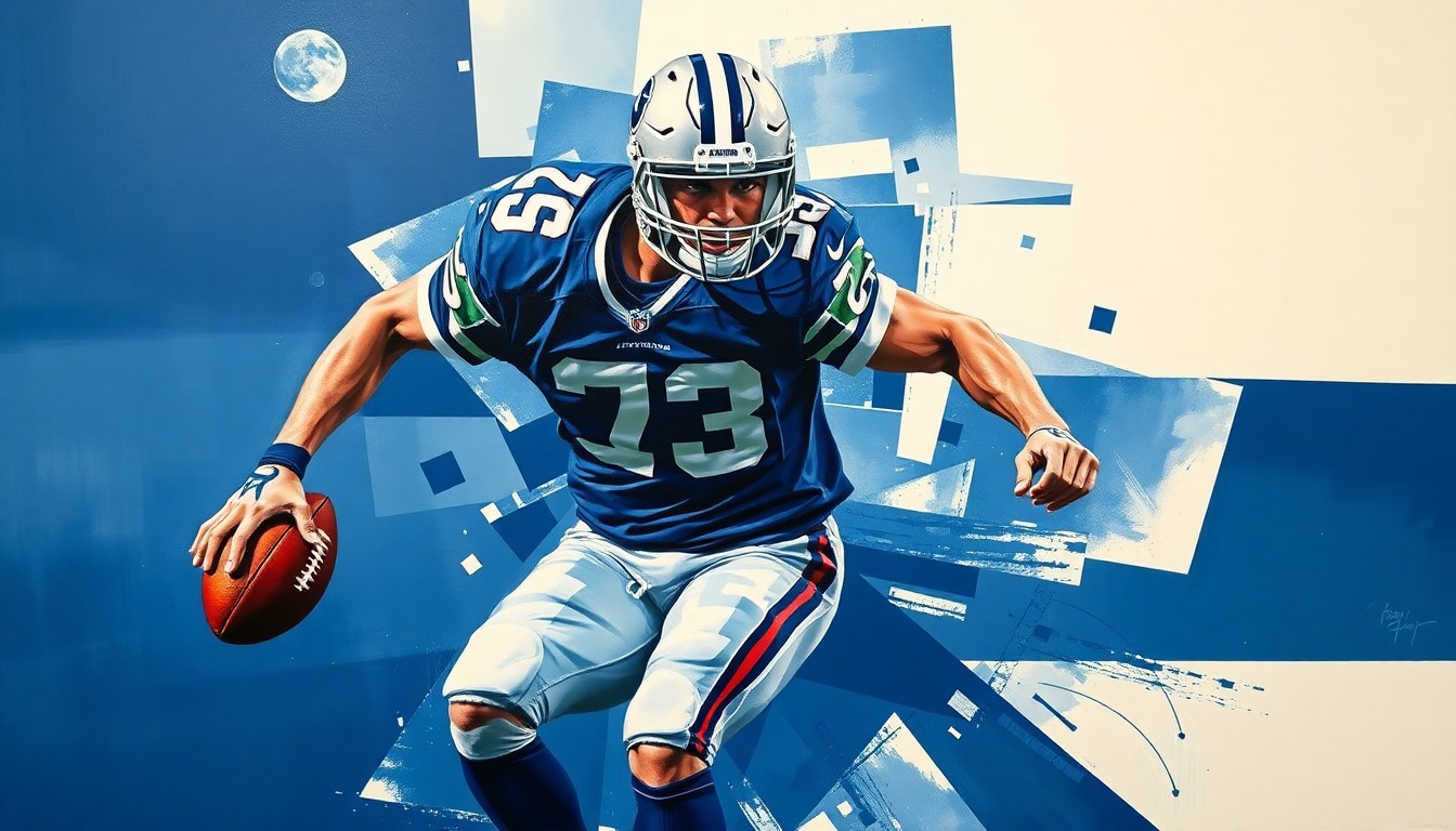 A cubist-style painting depicting a football player in motion, broken down into sharp, overlapping geometric shapes in navy blue, silver, and white, conveying the dynamic energy of the sport.