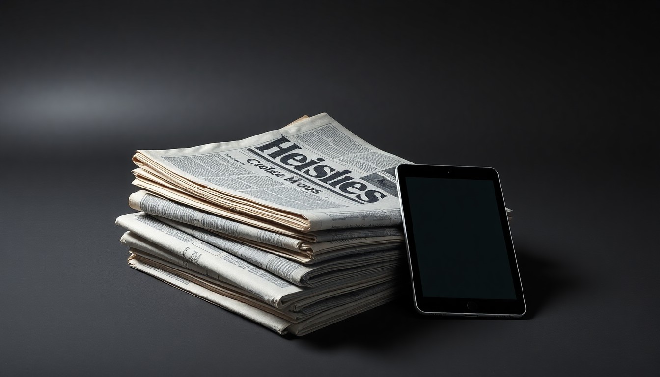 A high-end, photorealistic studio still-life photograph featuring a stack of old, worn newspapers and a modern digital tablet or smartphone, symbolizing the transition from traditional print media to digital platforms. The objects are arranged elegantly on a clean, monochromatic seamless background using sharp, dramatic studio lighting and deep shadows.