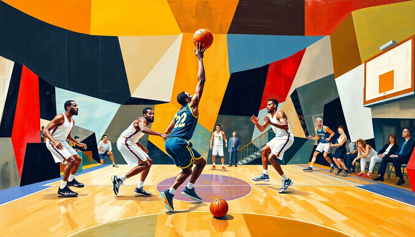 A fragmented, geometric painting depicting the abstract shapes and planes of a basketball game, with the players and court deconstructed into overlapping planes of color and form.