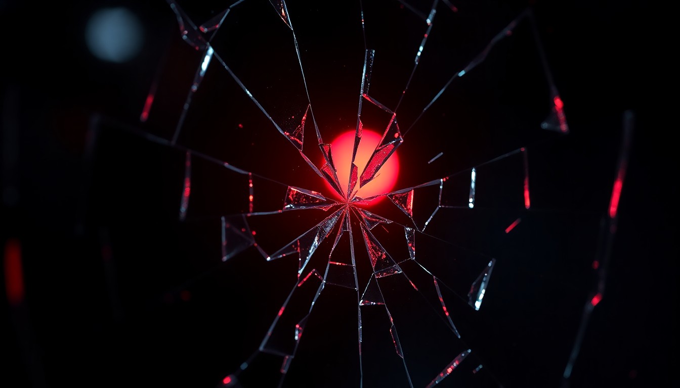An abstract close-up photograph of shattered glass reflecting a faint red light, conveying a sense of fragility and tension surrounding a celebrity relationship controversy.