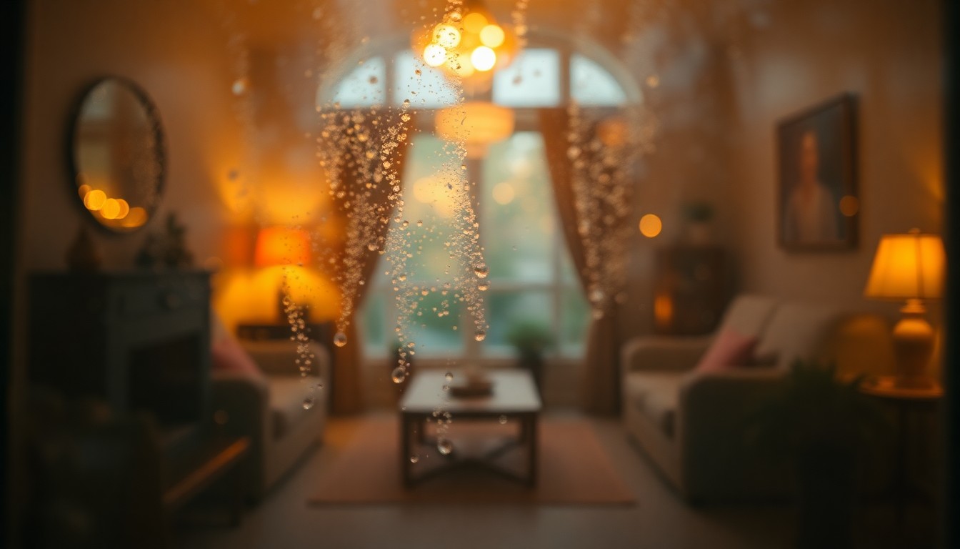 An abstract, impressionistic image composed of blurred, overlapping shapes in warm tones of yellow, orange, and red, conveying the sense of a cozy, inviting domestic space filled with the energy of gatherings and celebrations.