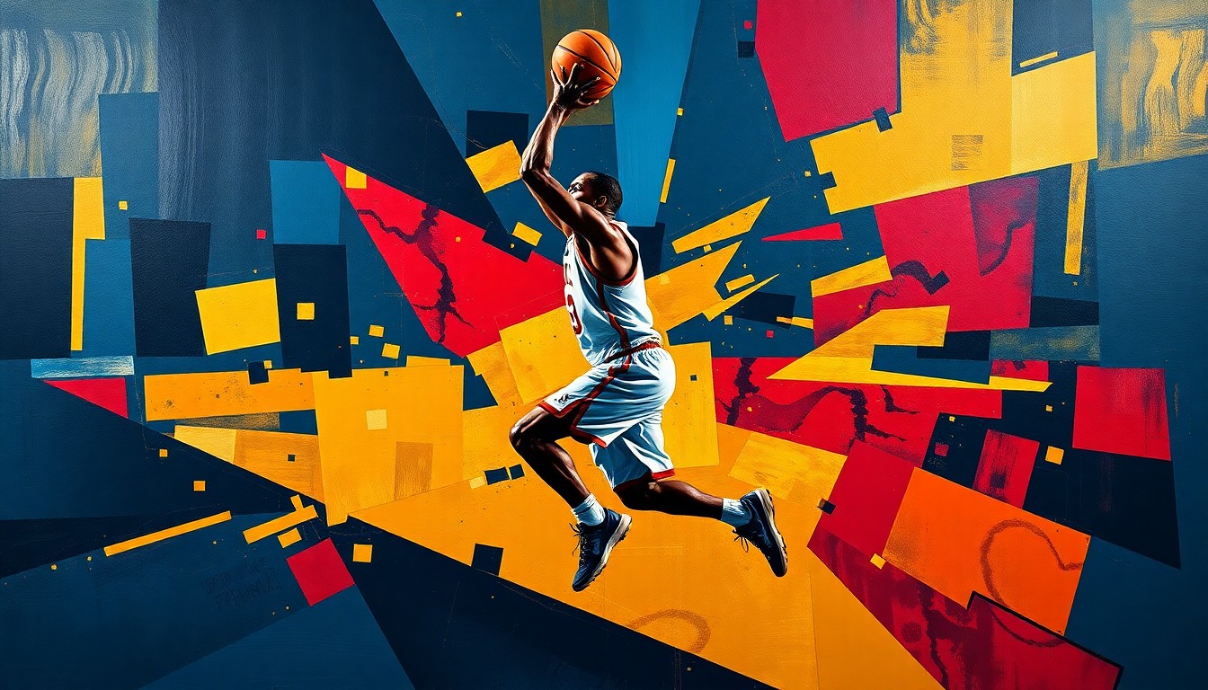 A fragmented, cubist-style painting depicting the silhouette of a basketball player in motion, broken down into sharp, overlapping geometric shapes in deep navy, gold, and crimson hues.