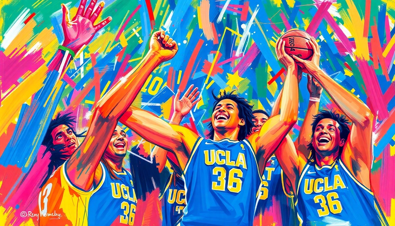 An abstract, energetic painting in vibrant neon colors, using rapid brushstrokes to capture the raw excitement and athletic energy of a championship basketball victory.