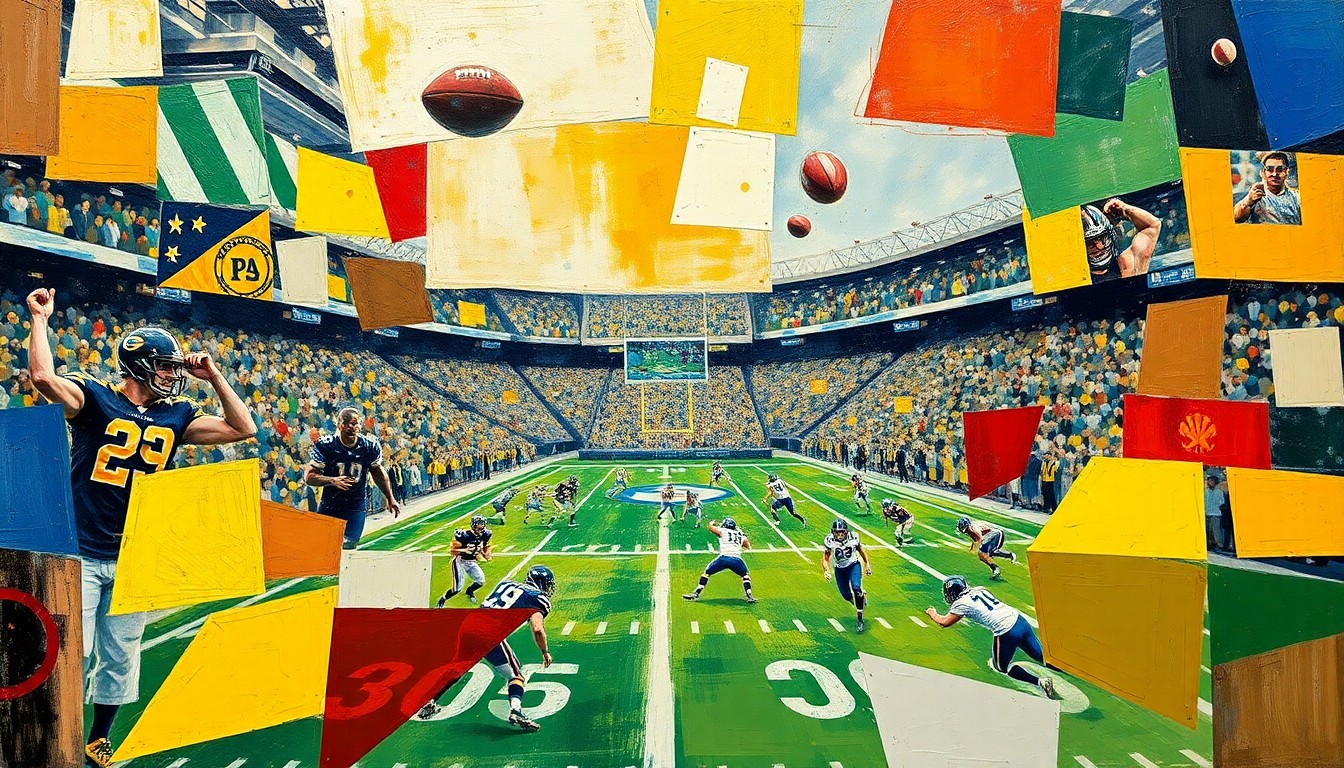 A cubist-style painting depicting fragmented, geometric shapes and planes representing a football game, conveying the complex strategic decisions facing the Giants with their top draft selection.