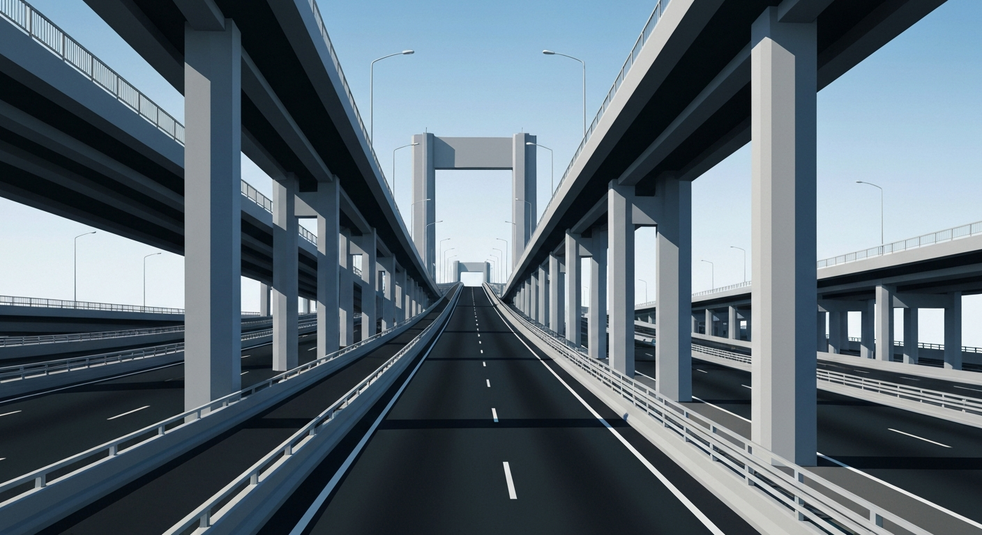 A highly stylized, geometric illustration depicting a towering, streamlined highway overpass structure in shades of grey and blue, with a single lane of traffic winding through the frame, conveying the grand scale and sweeping motion of highway travel.