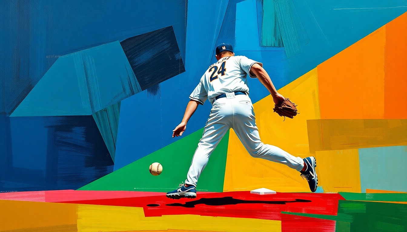 A fragmented, geometric painting depicting a baseball player in motion, with sharp planes of color and overlapping perspectives conveying the dynamic nature of the sport.