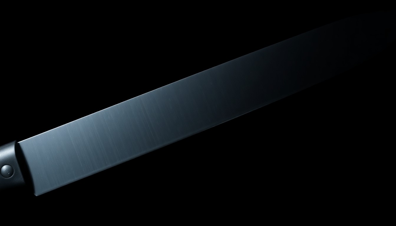 An extreme close-up photograph of a large knife blade against a pitch-black background, lit by a harsh, direct camera flash, conceptually illustrating the violence of a fatal workplace stabbing.