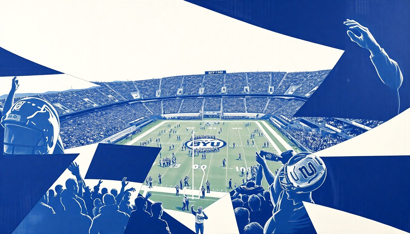 A cubist, geometric painting depicting fragmented scenes of a football game or practice, with sharp, overlapping shapes and planes in navy blue and white, capturing the dynamic energy of BYU's rising offensive stars.