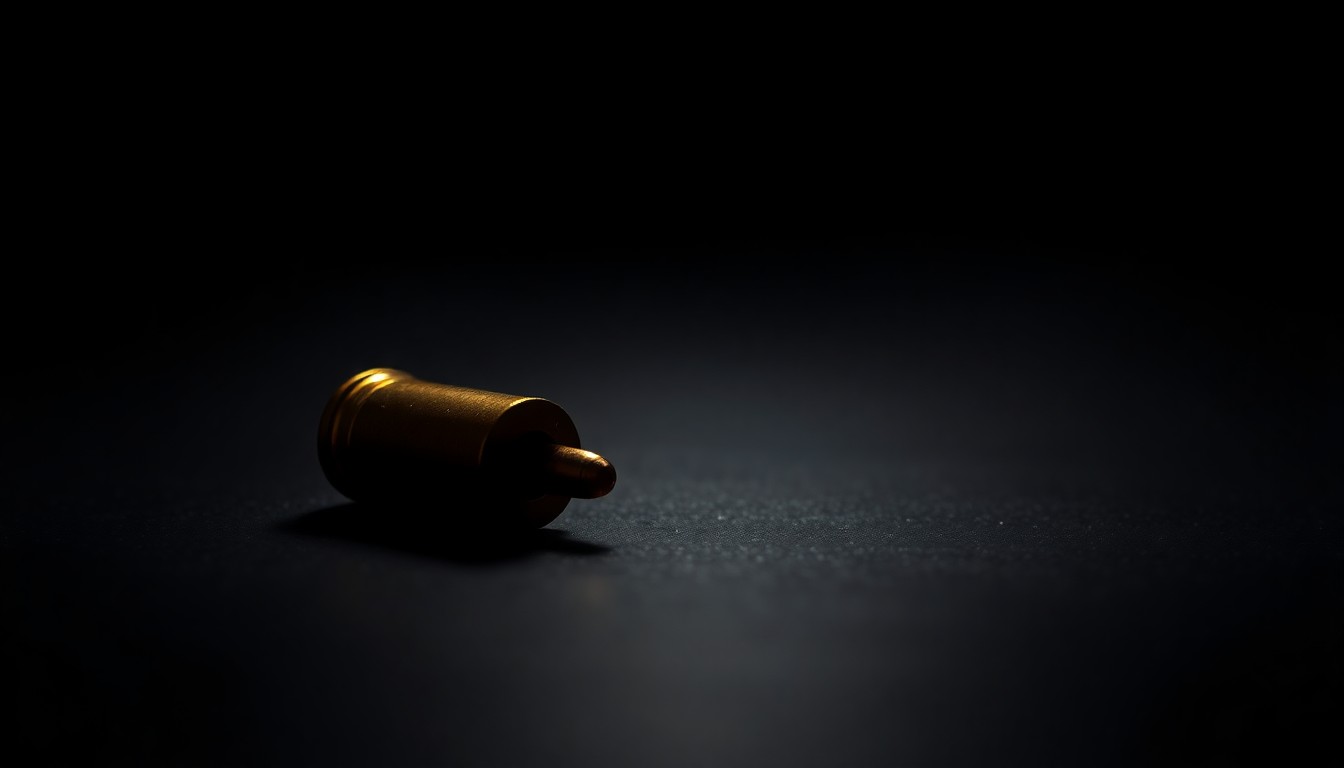 An extreme close-up photograph of a single bullet casing on a dark surface, lit by a harsh, direct camera flash, conceptually representing the violence and tragedy of this domestic violence incident.