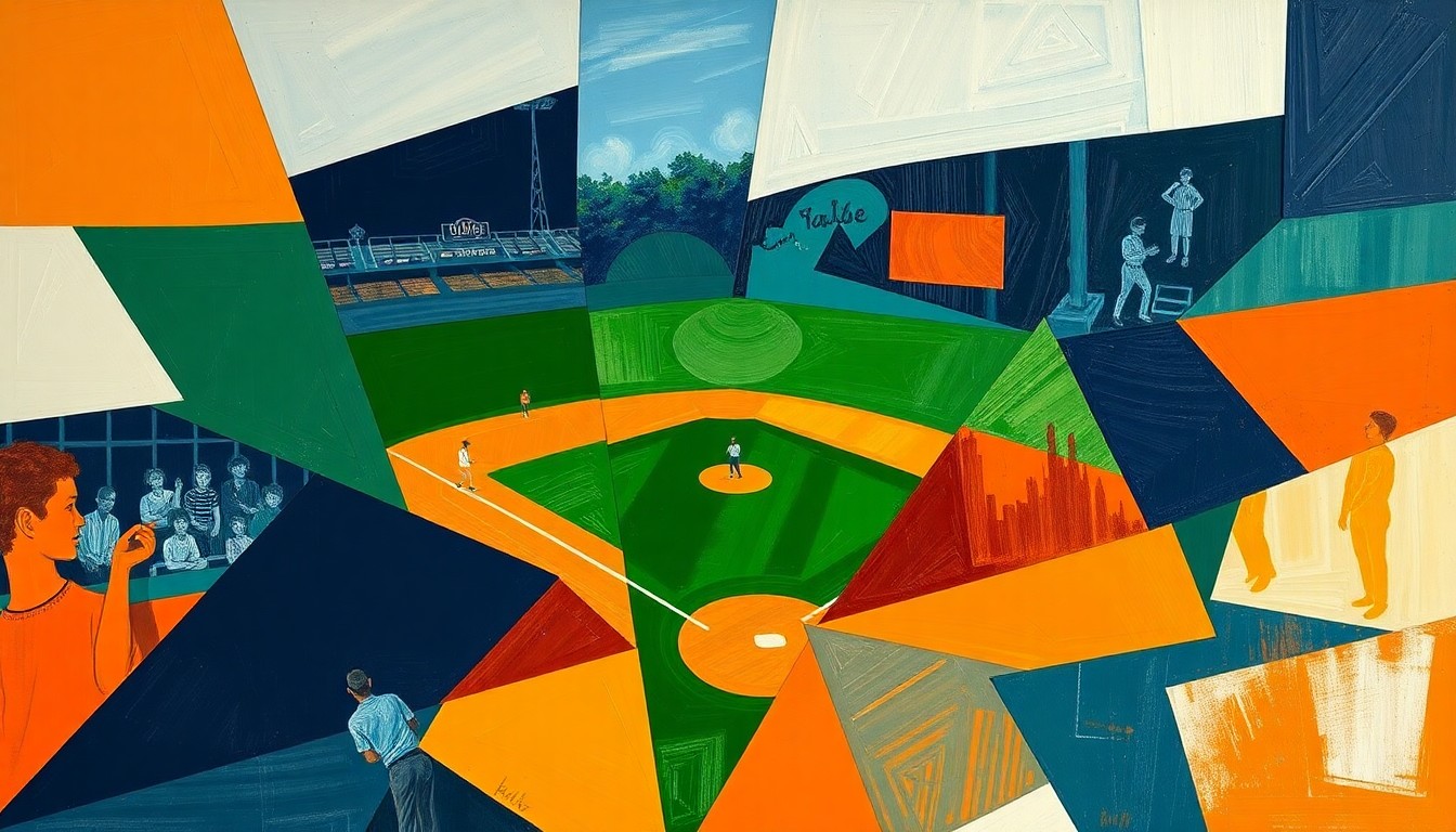 A fragmented, geometric painting depicting the dynamic motion and energy of a high school baseball game, with sharp planes of navy, green, and orange intersecting to create a sense of movement and competition.