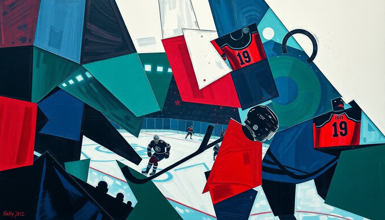 A fragmented, geometric painting depicting the chaotic energy of a hockey game, with sharp planes of navy, green, and red overlapping to create a dynamic, abstract composition.