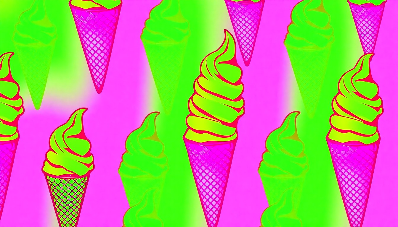 A brightly colored, high-contrast silkscreen print of a single, iconic ice cream cone repeated in a tight grid pattern, in the style of Andy Warhol. The image utilizes flat, vibrant, and unnatural neon color palettes overlapping with heavy black photographic outlines to turn the everyday treat into modern pop art.