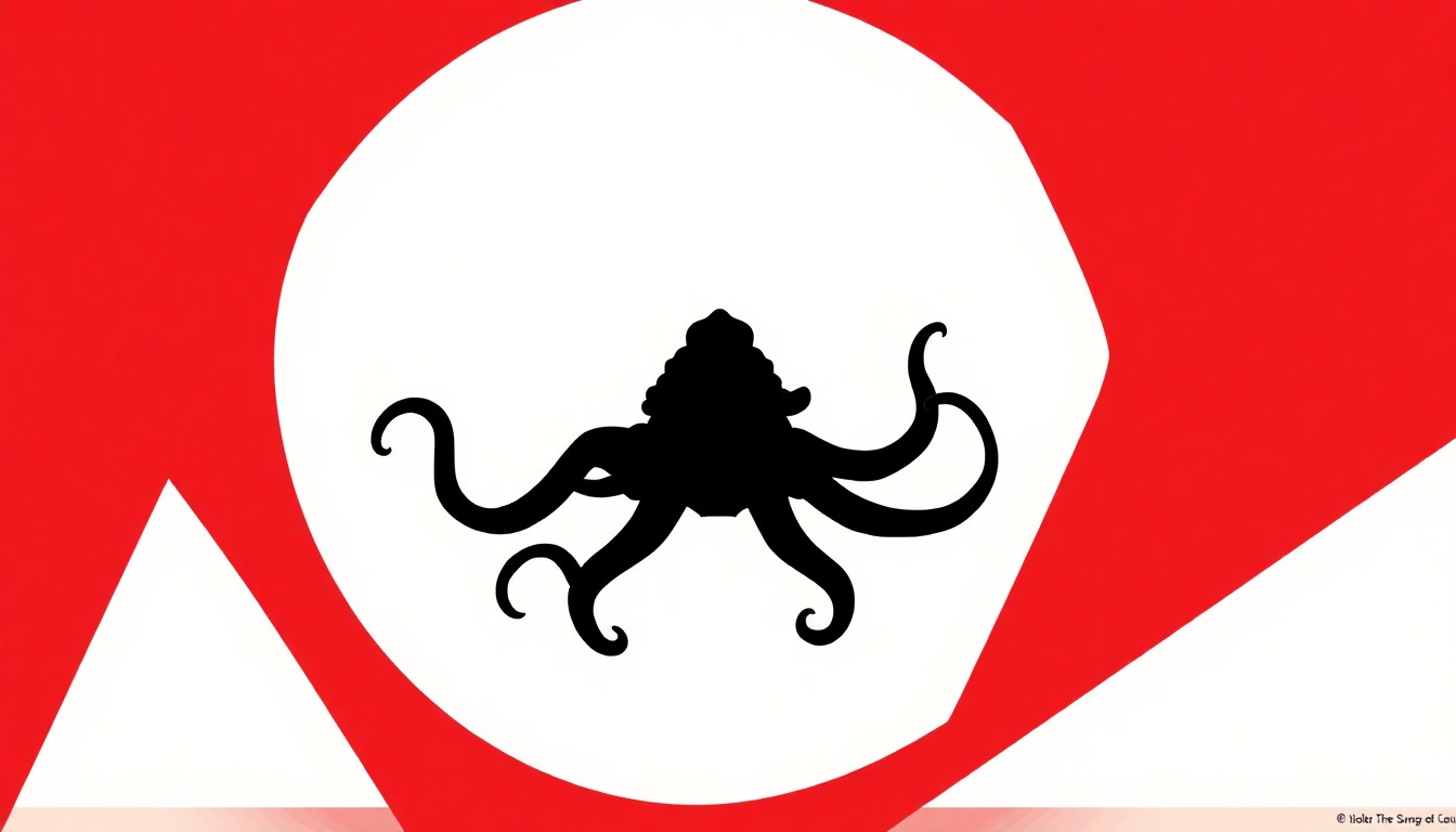 A minimalist, abstract illustration featuring a black silhouette of the 'Monster' ride's six spinning tentacles against a high-contrast background of solid red and white geometric shapes, conceptually representing the loss of this classic amusement park attraction.