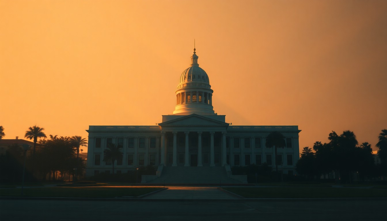A photorealistic painting of a stately Florida state capitol building in warm, golden light, with deep shadows casting an ominous mood over the scene, conceptually representing the political tensions surrounding the new anti-terrorism legislation.