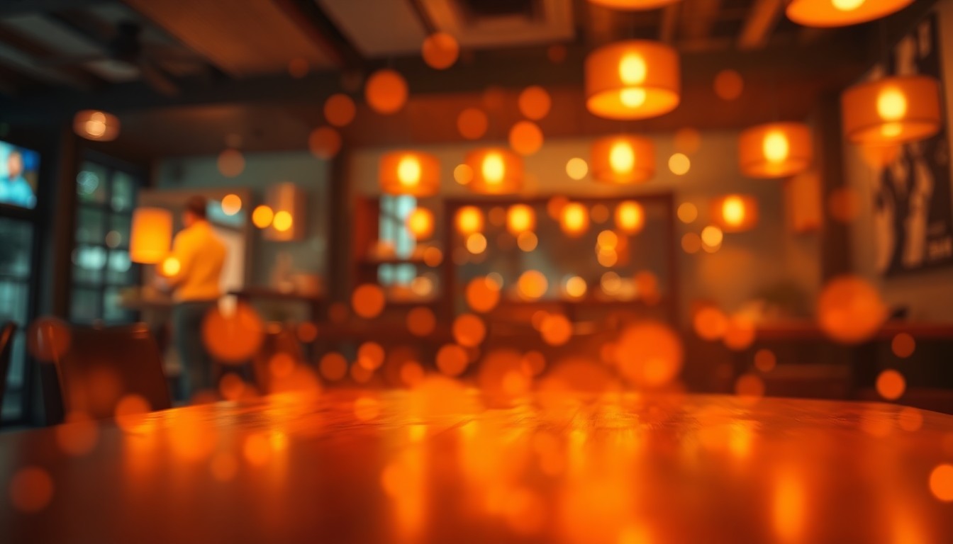 An extremely abstracted, out-of-focus photograph shot through condensation or rain-streaked glass, composed entirely of soft, warm pools of light and color, conceptually representing the cozy, intimate atmosphere of a sushi restaurant.