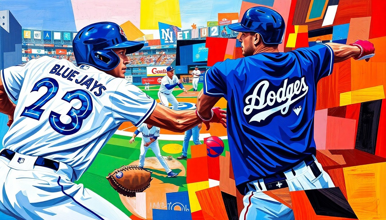 A cubist, geometric painting depicting the movements and energy of a baseball game, with sharp, overlapping planes of vibrant blue, red, and white colors representing the uniforms of the competing teams.