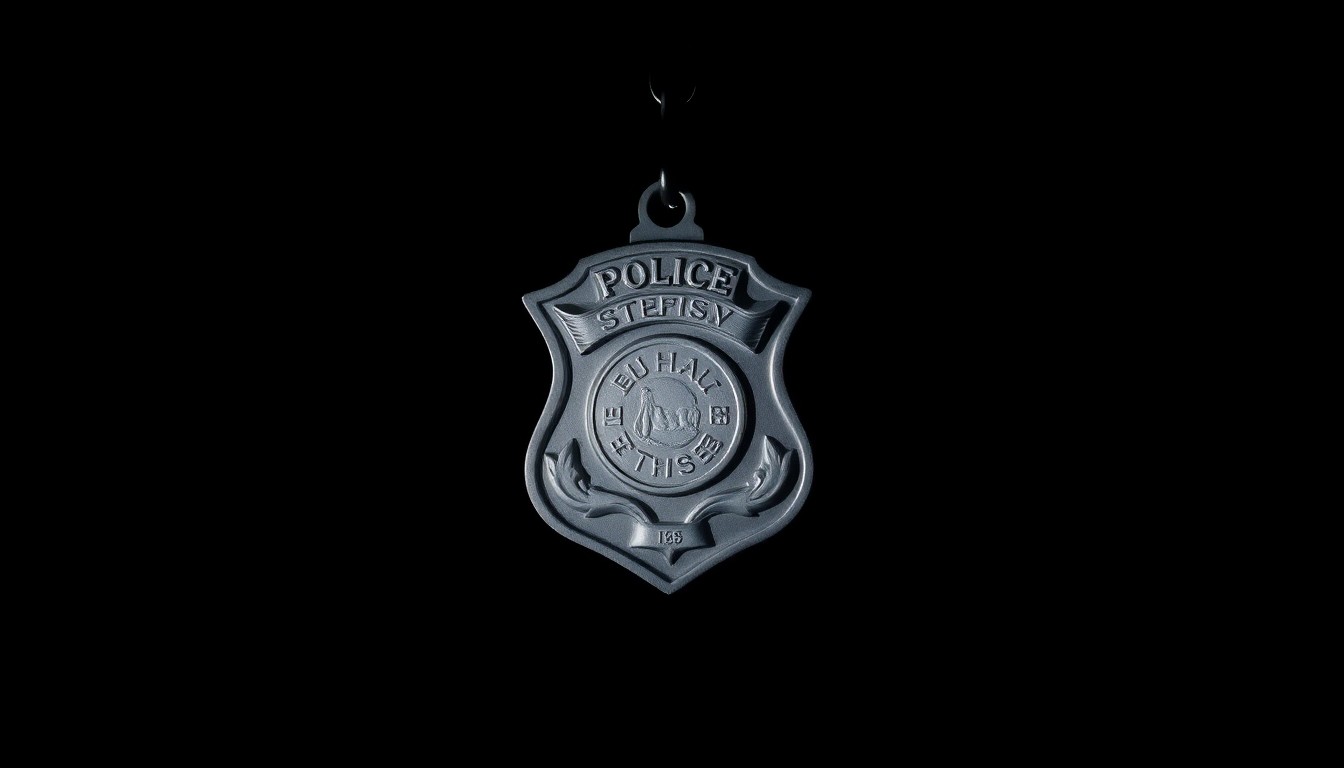 An extreme close-up of a police badge or handcuffs against a pitch-black background, lit by a harsh, direct camera flash to create a stark, gritty, investigative aesthetic.