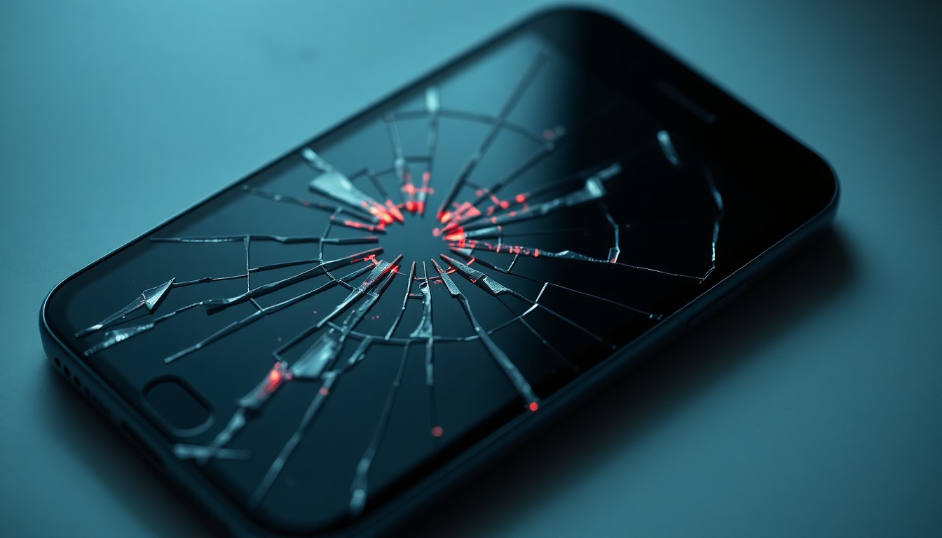 An extreme close-up photograph of a shattered cell phone screen, the cracked glass reflecting a faint red light, conceptually representing the aftermath of a violent crime.
