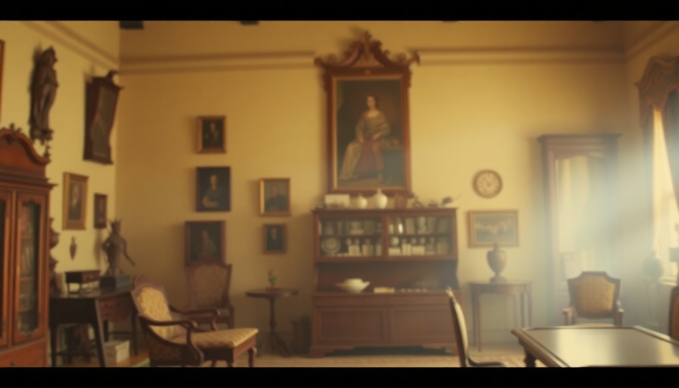An abstract, impressionistic photograph of blurred museum artifacts and furnishings in a warm, hazy glow, conveying a nostalgic, historical mood.