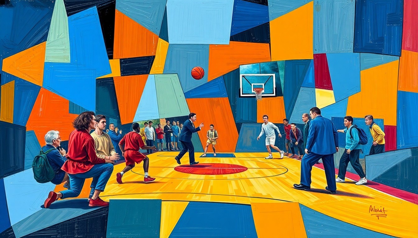 A fractured, cubist-style painting depicting a basketball coaching scene, with sharp geometric shapes and planes of color representing the dynamic and complex nature of the Nuggets' decision to fire their longtime head coach.