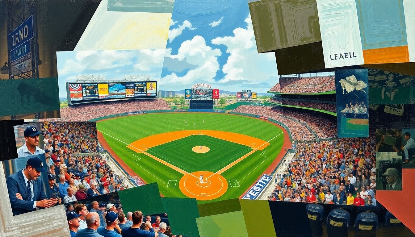 A cubist, geometric painting depicting a baseball game or match, with players and field elements fractured into sharp, overlapping planes of color and shape, conveying the energy and dynamics of the sport.