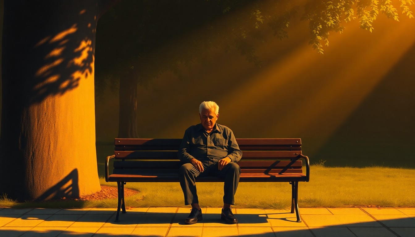 A serene, cinematic painting of an elderly man sitting alone on a park bench, the warm light and deep shadows creating a contemplative, nostalgic mood that evokes the story's themes of artistic expression, cultural identity, and the struggle for civil liberties.