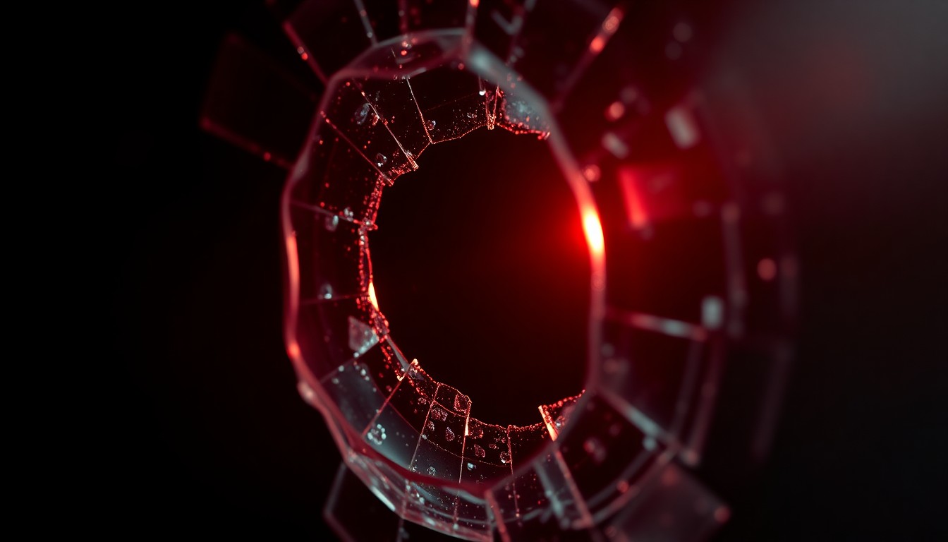 An extreme close-up of a shattered glass lens reflecting a faint red light, conceptually representing the psychological thriller elements of the film.