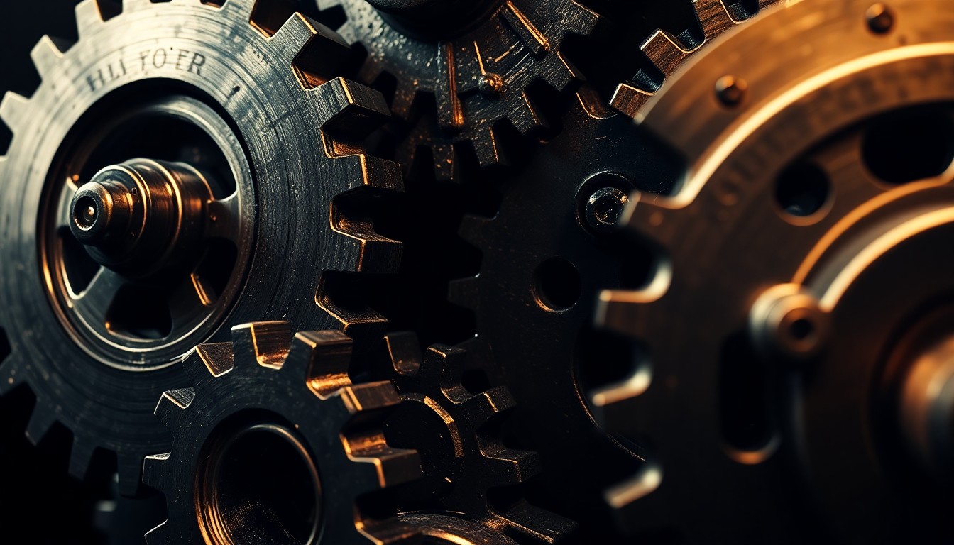 An extreme close-up photograph of interlocking metal gears and cogs, captured in dramatic high-contrast studio lighting to create a sense of industrial power and hidden machinations.