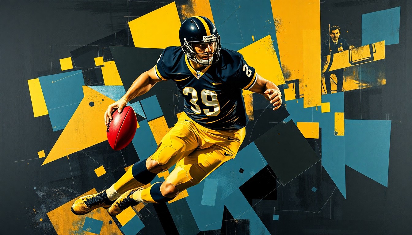 A cubist, geometric painting depicting a football player in mid-motion, with their body fractured into overlapping planes of black, gold, and steel blue, conveying the dynamic energy and uncertainty surrounding a potential trade.
