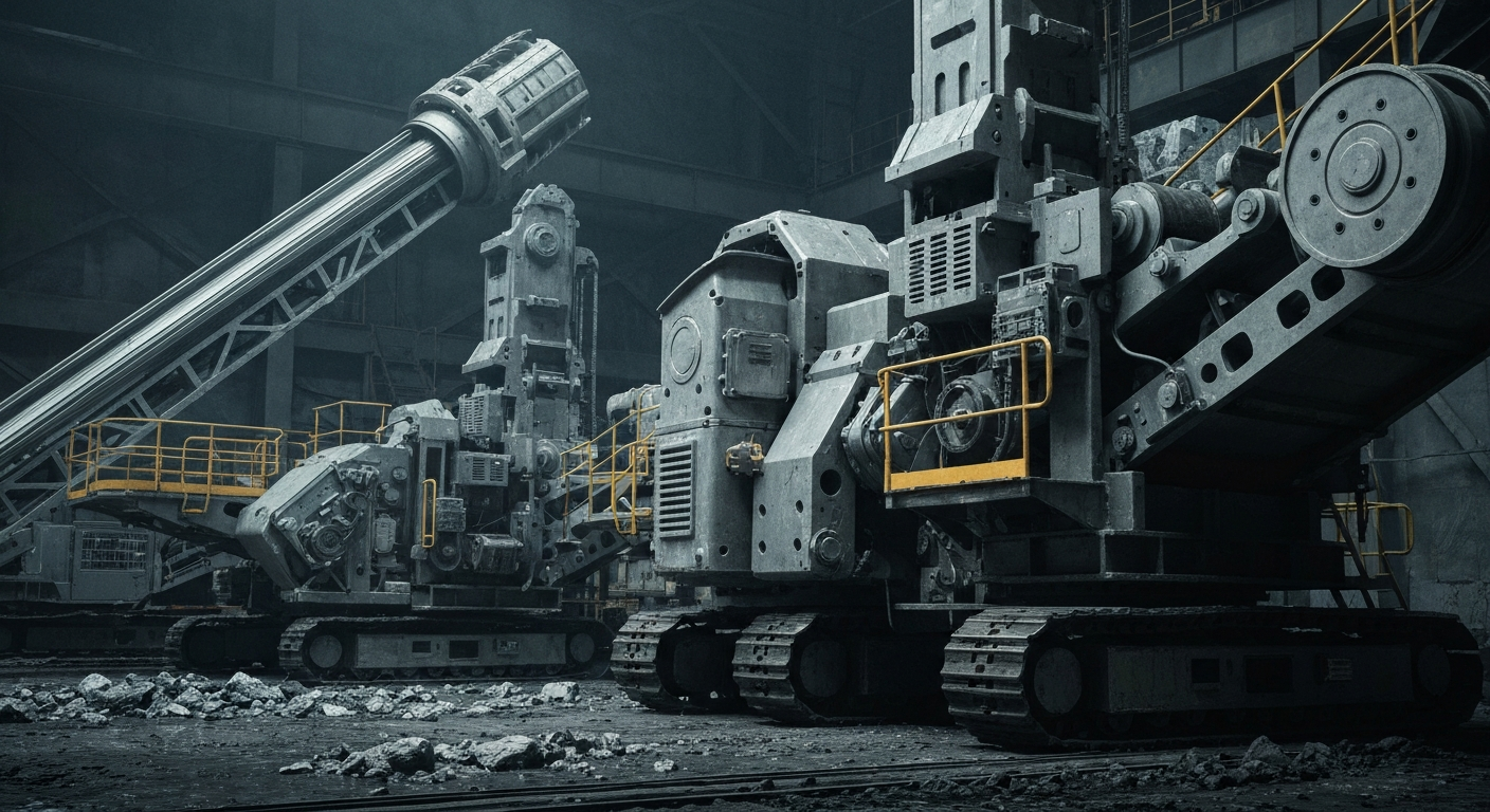 A dramatic close-up view of silver mining machinery, including drills, crushers, and conveyor belts, capturing the industrial scale and power of extracting this precious metal from the earth.