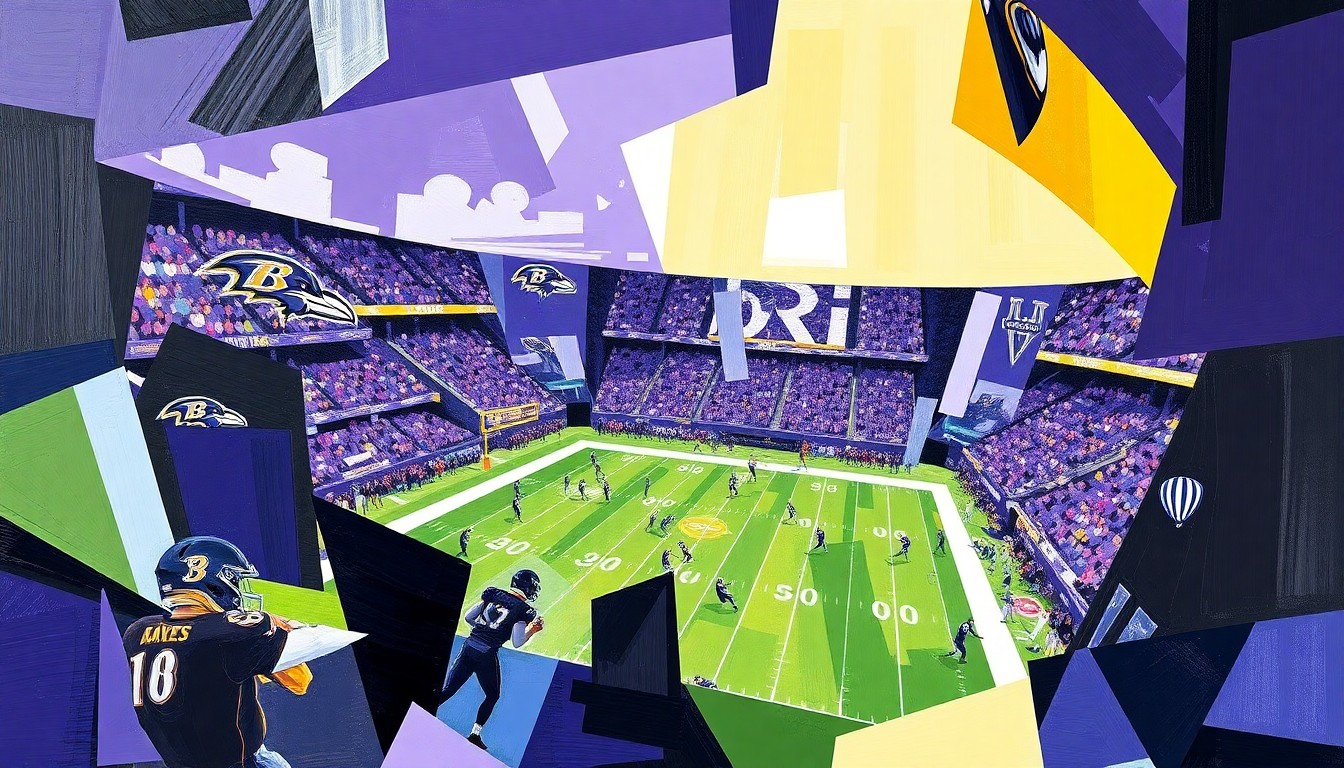 A cubist-style painting depicting a fragmented, geometric representation of a Ravens football game, using the team's signature purple and black colors to capture the raw energy and movement of the sport.