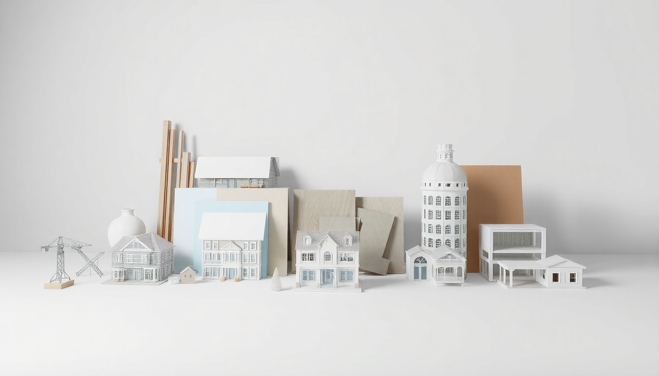 A photorealistic studio still-life photograph featuring a selection of premium construction materials and architectural models in a clean, monochromatic setting, conceptually representing the scale and diversity of new developments in the Huntsville area.