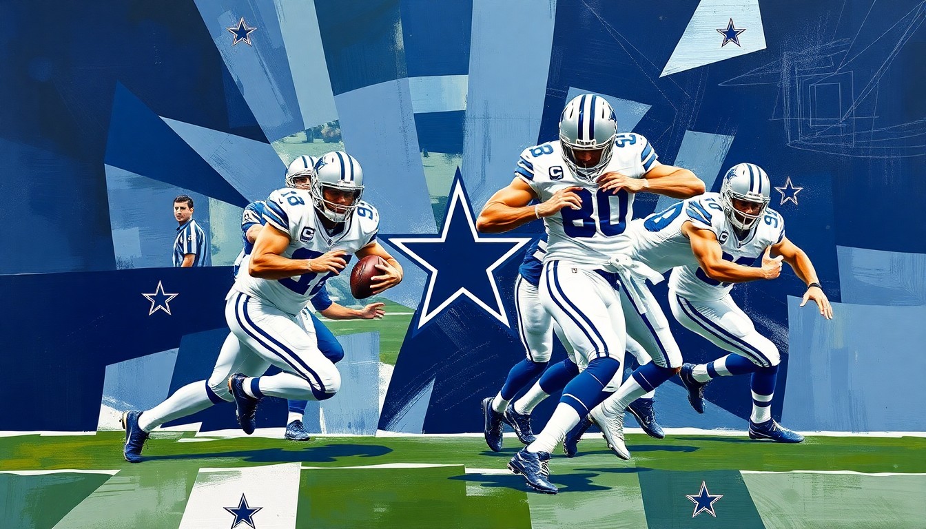 A cubist, geometric painting depicting a football player in motion, with sharp, overlapping planes of navy blue, silver, and white representing the Dallas Cowboys' colors and style.