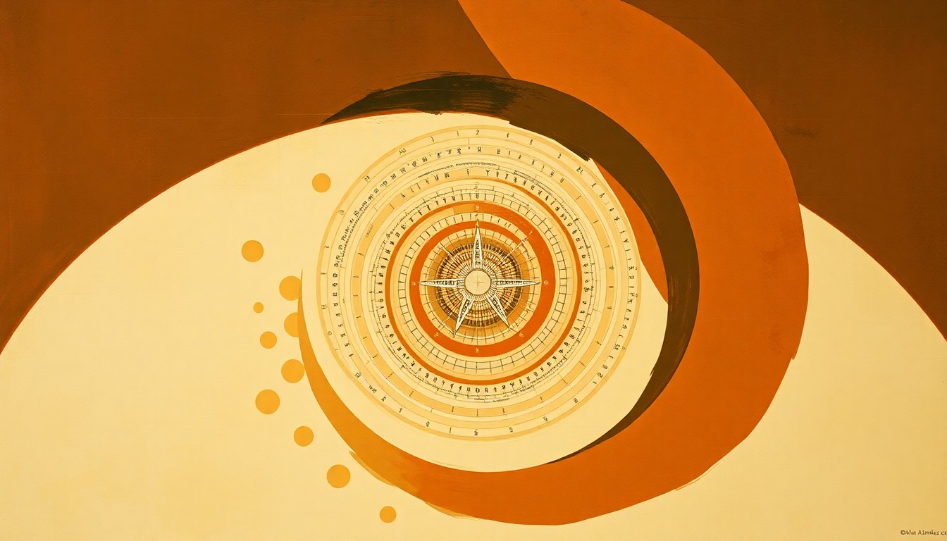 A bold, abstract painting in earthy tones featuring sweeping geometric shapes and precise botanical spirals, conceptually representing the complex biological forces behind the self-domestication of urban foxes.