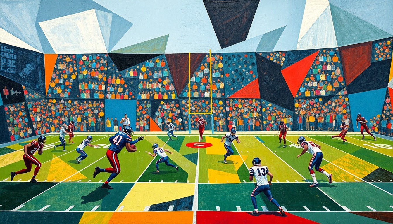A cubist, geometric painting depicting a football game broken down into sharp, overlapping planes of color and abstract shapes, capturing the fragmented and contested nature of the overturned touchdown call.