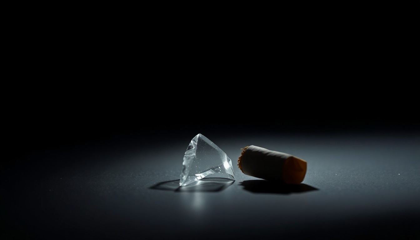 An extreme close-up photograph of a broken glass shard reflecting a harsh, direct camera flash, conceptually illustrating the stark, investigative nature of a homicide crime scene.