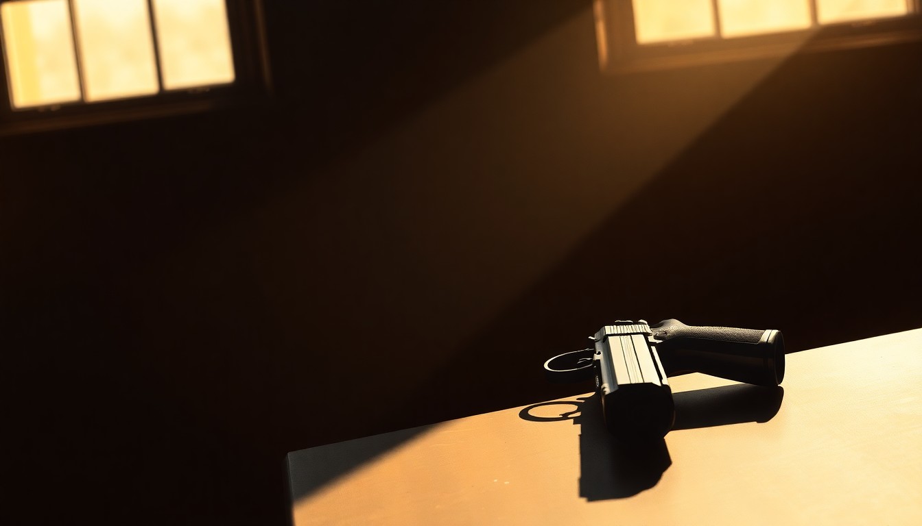 A close-up painting of a handgun resting on a wooden table, the gun's metal surface reflecting the warm, golden light streaming in through a nearby window, creating a somber, cinematic mood that evokes the heavy toll of gun violence on Ohio's economy.