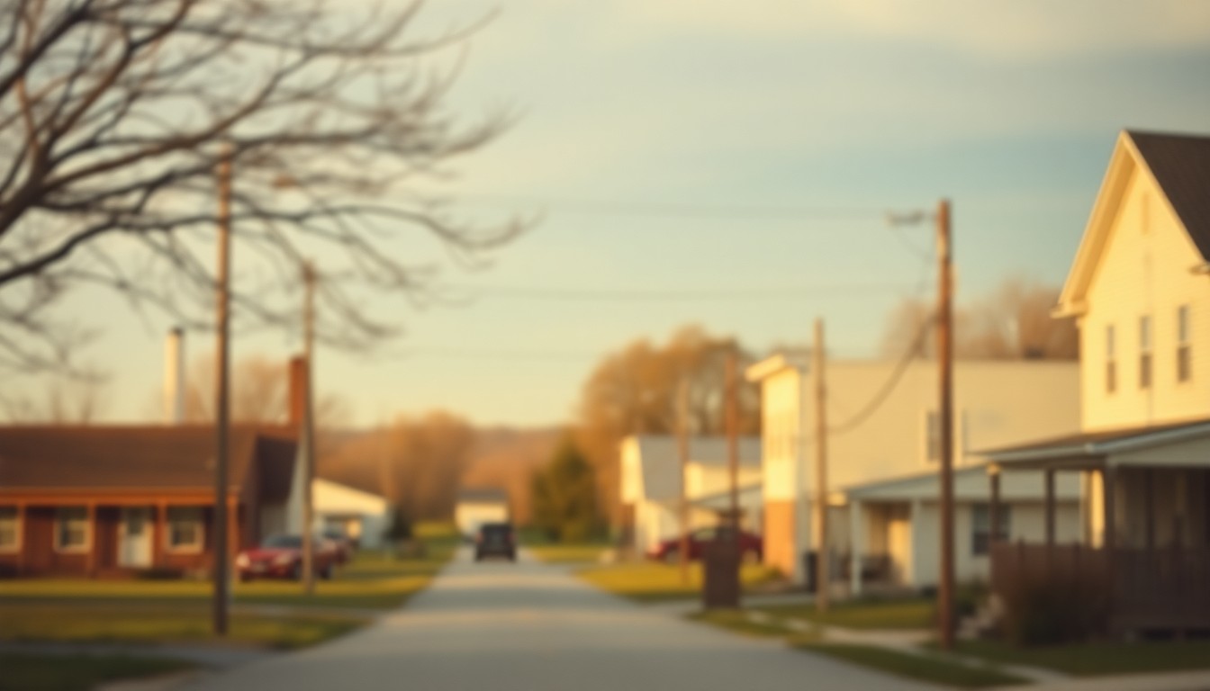 A blurred, impressionistic photograph in soft, warm tones depicting a peaceful neighborhood scene, conveying a sense of nostalgia and community.
