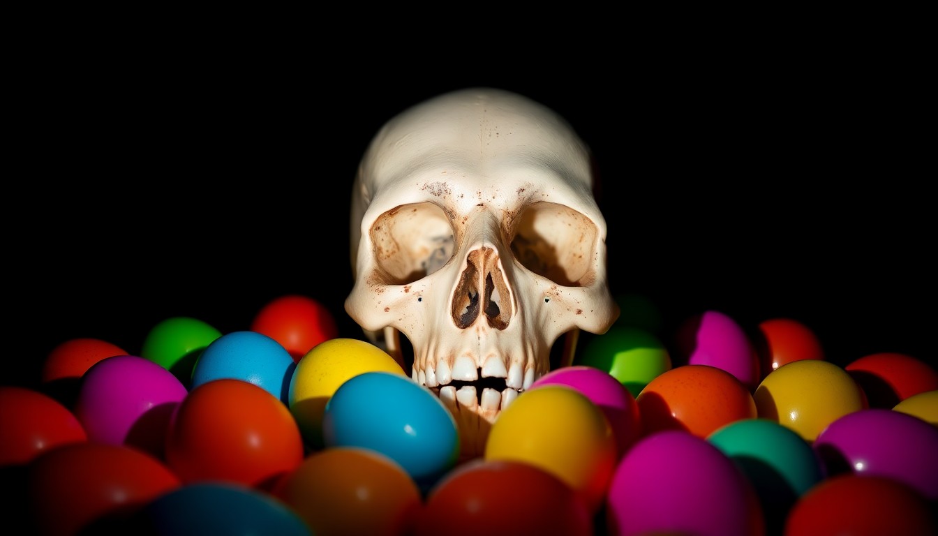 An extreme close-up photograph of a partially exposed human skull surrounded by brightly colored plastic Easter eggs, creating a stark, gritty, and investigative aesthetic through the use of harsh, direct flash lighting against a pitch-black background.