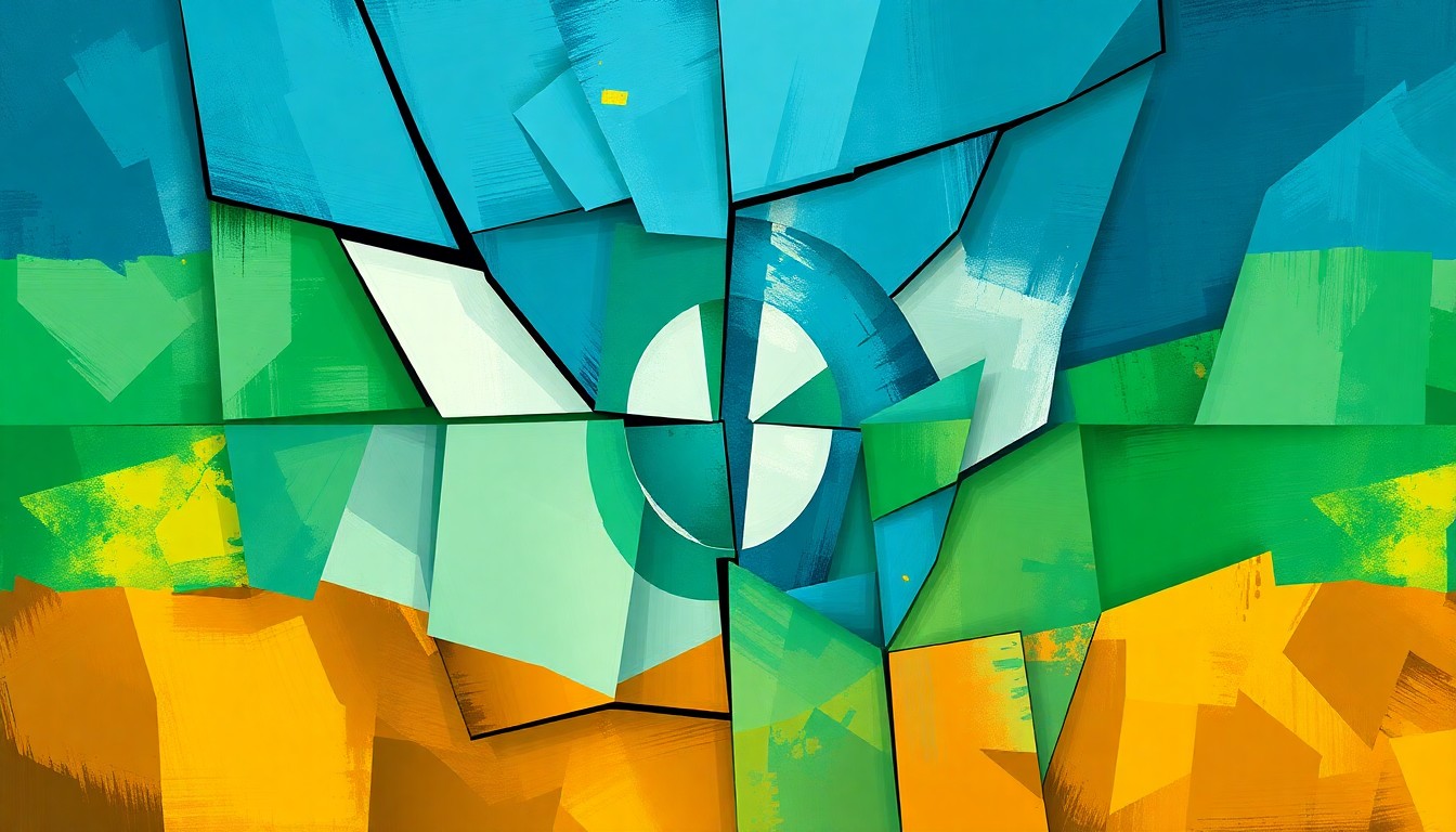 A dynamic, abstract painting featuring overlapping, fractured geometric shapes in shades of blue, green, and gold, conceptually representing the escalating tensions between the U.S. and Iran over the nuclear program.