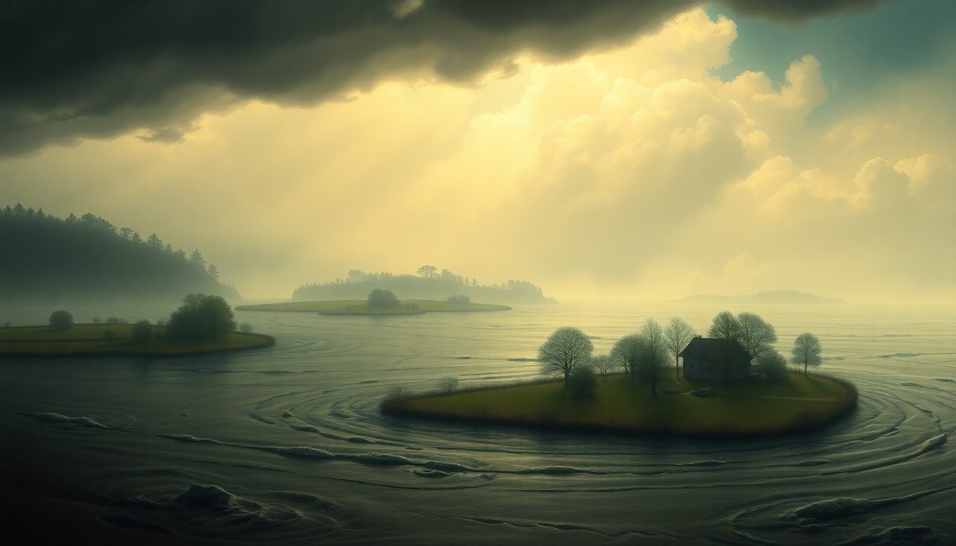 A sweeping, atmospheric landscape painting depicting a flooded rural area, with physical structures barely visible in the distance as they are dwarfed by the vast, swelling waters that dominate the scene.