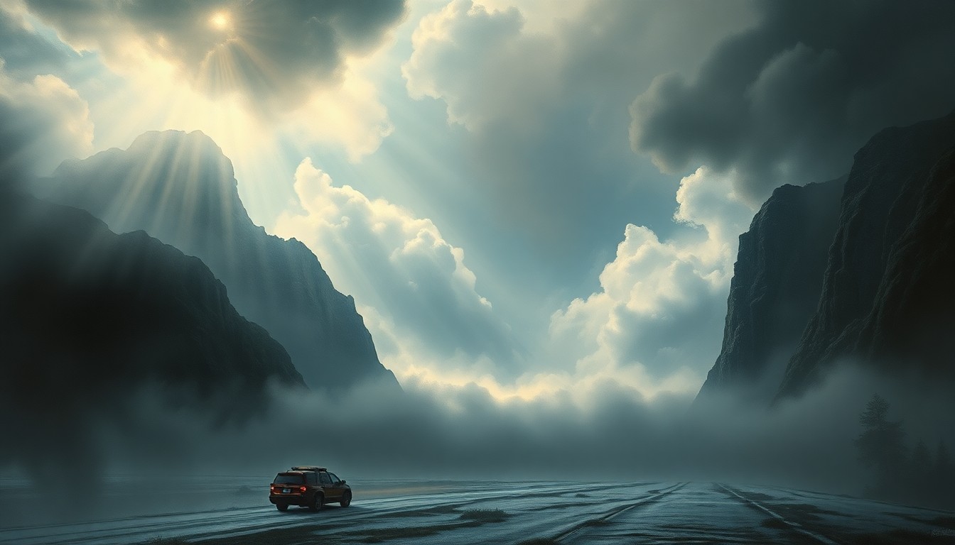 A sweeping, atmospheric landscape painting in muted tones, with a small fire truck barely visible in the distance, dwarfed by the scale of the weather event.