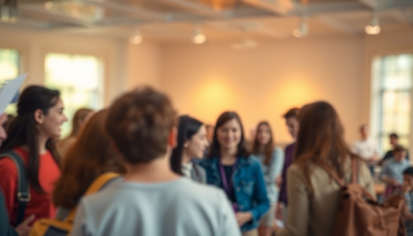 An abstract, out-of-focus scene depicting a group of students engaged in discussion, with warm pools of light and color creating a sense of academic community and intellectual exploration.