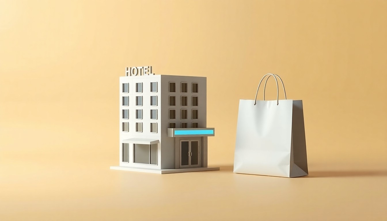 A photorealistic studio still-life image featuring a polished, geometric model of a modern hotel building, a bank drive-thru window, and a shopping bag, arranged elegantly on a clean, monochromatic background to represent the abstract concepts of commercial real estate development, retail expansion, and community growth.
